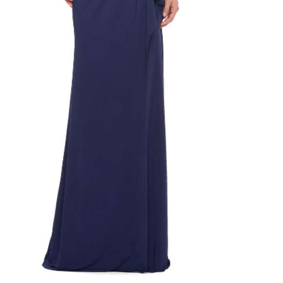 LA FEMME 3/4 SLEEVE ILLUSIONS BEADED EMBELLIHSED NAVY RUCHED GOWN sz 12 - Picture 4 of 5